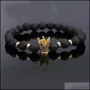 Beaded Strands 8Mm Lava Stone Beads Bracelet For Women Men Copper Crown Zircon Inlayed Healing Elastic Fashion Jewelry Gift Drop De Dhcij