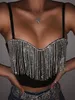 Mulheres Camiseta CNYISHE Moda Sexy Clubwear Diamante Tassel Crop Tops Sem Mangas Camisetas Slim Lady Bralette Strap Skinny Feminino Tee 230207