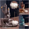 Doftlampor Buddha Hand rökelse Sticks Holder Lotus Backflow Burner Purple Sand Smoke Waterfall Ceramic Censer Dekorativ Buddha Dhjl4