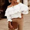 Women's Blouses Elegant Women Blouse Off Shoulder Drawstring Collar Layered Ruffle Lantern Long Sleeve Office Lady Pullover Top Female