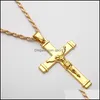 Naszyjniki wiszące 24k złota platowane Jezus Chrystus Cross Naszyjnik Hip Hop Rap Golden Crucifixio Cuban Sain Men Jewelry 2245 Drop Gelive Dhay6