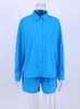 Kvinnor Tracksuits Bornladies Cotton Linen Women Summer Set of Top With Shorts Blue 2 Piece Female Suits Pocket Shirt Outfit 230208