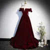 Party Dresses Evening Dress Short Sleeves Sequins FloorLength Boat Neck Simple Burgundy Lace Up ALine Velour Formal Gown Woman B1903 230208