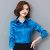 Kvinnors blusar 2023 Spring Women Satin Shirts Lady Full Sleeve Shiny Work Wear Office OL Formal Tops