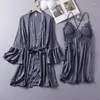 Vêtements de nuit pour femmes 2023 été 2 pièces Robe ensemble dentelle Satin Patchwork vêtements de nuit Sexy femmes maison vêtements Lingerie intime décontracté peignoir Robe