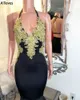Seksowne kantar gotycki czarny syrena wieczorowe sukienki dla kobiet vintage złote koronkowe aplikacje z koralikami suknie imprezowe Blackless Długość formalna suknia balowa CL1810