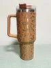 Großhandel Leopard 40 Unzen Wasserflaschen mit Griff und Strohhalm Edelstahl Isolierter Reisebecher Tumbler Big Capcity Cups halten Getränke kalt