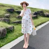 Maternity Dresses Summer Fashion Comfortable Cotton Cherry Embroidered Dress Short Flare Sleeve Pregnant Women Loose Cute