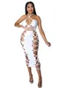 Summer Women Bodycon Party Dresses Sleeveless Sexy Hollow Out Halter Backless Lace Up Club Night Dress