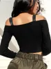 女性S TシャツスプリングTシャツ長袖Tシャツクロップトップトップ韓国ファッションスタイルフェミニナニットコットンブラックセクシーショートTシャツ230207