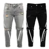 Jeans masculinos magros raspados calças calças lápis lateral listrado destruído buraco hip hop slim fit man luty jean printmen's