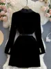 Womens Suits Coat Velvet Jacket Winter Double Breasted Long Sleeve Ladies Black Belt Slim Outwear 230208