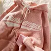 Femmes sweats à capuche polaire décontracté broderie vêtements pour adolescents Vintage rose hauts rétro hiver à capuche 230208