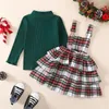 Clothing Sets Christmas Toddler Girls Clothes Sets Fall Winter Baby Kids Children Clothing Suits Warm Solid Sweater Plaid Suspender Dress 230208