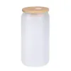 Armazém dos EUA Canecas de cerveja de vidro de sublimação de 12 oz 16 oz com tampa de bambu Palha Faça você mesmo Espaços em branco foscos transparentes Copos em forma de lata Copos de calor Coquetel Soda de café gelado
