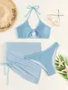 Women's Swimwear Textured Ring Linked Halter Bikini Micro Ribbed High Waist Swimsuit With Beach 3 Pieces Mesh Skirt 230208