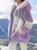 Jackets femininas de inverno outono moda listrada espessa lã casacos quentes feminino de manga longa solta confortável acolhedor zíper casual com capuz