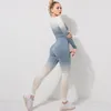 Активные наборы градиент с длинным рукавом женский костюм Fitness Yoga Set Set Trabilout Outfit Sportswear одежда Полово -топ -леггинсы 2PCS ZF985