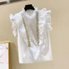 Women's Blouses Women White Blouse 2023 Celmia Casual Pearls Embellished Tunic Summer Fashion Sleeveless Shirts Holiday Ruffles Tank Tops