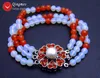 Strand Qingmos Blue Opal Bracelets para mulheres com jades redondas e vermelhas de 6 mm 3 fios 8 '' Jóias finas 324 com miçangas
