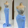 Luxury Baby Blue Beaded Prom Dresses 2023 Mermaid Formal Long Evening Dress With Slit Handmade Flowers Speacial Occasion Party Women Vestido De Fiesta