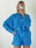 Женские спортивные костюмы Bornladies, хлопок и лен, женский летний комплект из топа с шортами, синий комплект из 2 предметов, женские повседневные костюмы, карманная рубашка, наряд 230208