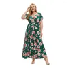 Plus Size Dresses 2023 Summer European And American Style Sexy V-Neck Short Sleeve Print Slit Dress For Women