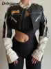 Женские куртки Darling Streatwear Streetwear Punk Style Packwork Contraped PU кожаная женщина на молнии осень зимняя контрастность Основное пальто 230209