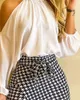 Womens Tracksuits Women Frill Hem Shirred Neck Cold Shoulder Top Houndstooth Wrap Tie Front Shorts Set Autumn Sexy Bodycon Skirts Two Piece Suit 230209