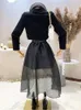 Two Piece Dress Spring Women Black Skirt Set Diamond Short Ladies Suit Coat With Irregular Mesh Long Suits Vintage Outfits 230209