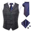 Mens Vests HiTie Classic Silk Grey Plaids Waistcoat Men Vest Gold Blue Tie Hanky Cufflinks Set for Dress Suit Business Father 230209