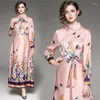 Casual Dresses Fashion Autumn Women Maxi Dress Print Long Frock Vintage Office Ladies Single Breasted Sleeve Vestidos