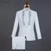 Mens Suits Blazers White Sparkly Crystals broderi med byxor Bröllopsbrudskalar Tuxedo Suit Men Stand Collar Stage Costume Homme Mariage 230209