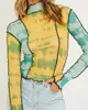 Kvinnors T-skjortor Fashion Mesh Colorful Printing Ruffled Topps Women Basic T-shirt Långärmad höghalsad Slim Shirt Mujer Tees