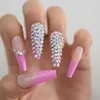 Unghie finte Luxury 3D AB Crystal Rhinestone Diamond French Bara Glossy Pink Nude Super Long UV Fake Ballet Nail Riutilizzabile Wear