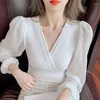 Women's Blouses 2023 Damesjurk Design Chiffon V-Neck Zange mouw Top Vintage Kleding voor vrouwelijke tops shirts