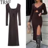 Robes décontractées TRAF 2021 découpé tricoté femme Midi pull femmes serré long automne hiver 2021 fente élégant Y2302