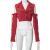 Women s Jackets Adogirl Women Y2K Style Suede Crop Top Red Turn Down Collar Off Shoulder Grommet Lace Up Long Sleeve Zipper Coats 230208