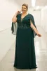 Plus Size Chiffon Mother Of The Bride Dresses Hunter Green V-neck Cape Sleeve Long Wedding Party Gowns Guest Groom Mom Prom Evening Wear