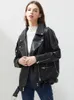 Damesleer Faux Leather Fitaylor PU Lederen jas Vrouwen losse sjerpen Casual Biker Jackets Outsed Weer vrouwelijke tops BF -stijl Zwart Leather Jacket Coat 230209