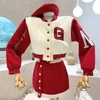 Two Piece Dress Red Embroidered Letter Coat Short Bomber Jackets Patchwork Kontrast Mini Black Kjol Set Autumn Casual 2 -Stice Tracksuits 230209