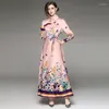 Casual Dresses Fashion Autumn Women Maxi Dress Print Long Frock Vintage Office Ladies Single Breasted Sleeve Vestidos