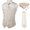 Mens Vests Hitie 100% Silk Ivory Beige Champagne Gold Tie Hankerchief Cufflinks Set Jacquard Vine Waistcoat For Men Suit Dress 230209