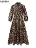 Casual Dresses VONDA Bohemian Party Maxi Dress Women Retro Leopard Printed Oversize Sundress Lantern Sleeve Chic Casual Long Robe Femme 230209