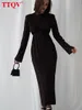 Casual Dresses TTQV Winter O-Neck Green Women'S Dress Elegant Long Sleeve Bodycon Midi Dresses Female Casual Pleated Dress For Year 230209