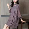 Casual Dresses Likyims Lantern Sleeve O Neck Middle Length Red Dress Sping 2023 Ankomst Illusion Broderi Hollow Party Women