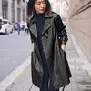 Women's Leather Fashion Real Jacket Women Autumn High Street Mid-length Coat For Clothing Black Belt Treach FCY1920