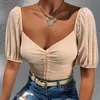 T-shirt Femme Femmes Sexy Crop Tops À Manches Courtes Hors Épaule Cordon Ruché Chemises Avant Vêtements Pour Femmes Été Femme Blouses Hot Y2302