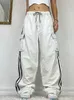 Jeans femme Baggy blanc pantalon taille basse Cargo Jogging à lacets jambe large côté rayure Streetwear ample Denim pantalon 230209