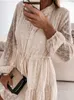 Casual Dresses Women Elegant Lace Embroidery Party Fashion Vintage Ruffle 3/4 Sleeve Ladies Sexy O-Neck Solid Sheer-Mesh Y2302